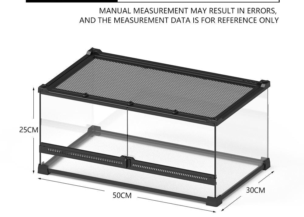 Glass display case with dimensions and tempered glass label on a white background