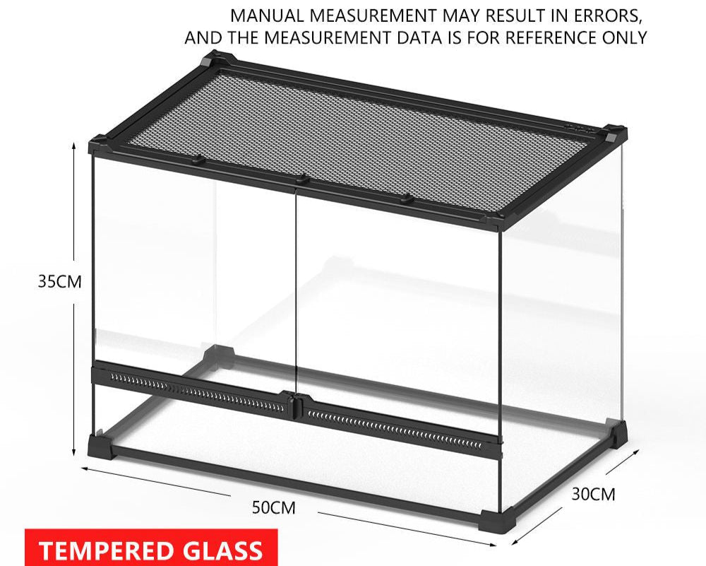 Black mesh top and tempered glass sides of a rectangular enclosure with dimensions labeled.